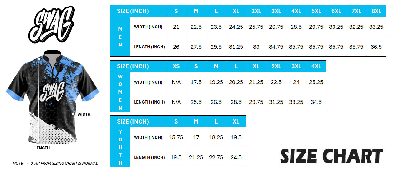 SWAG Bowling jersey size chart